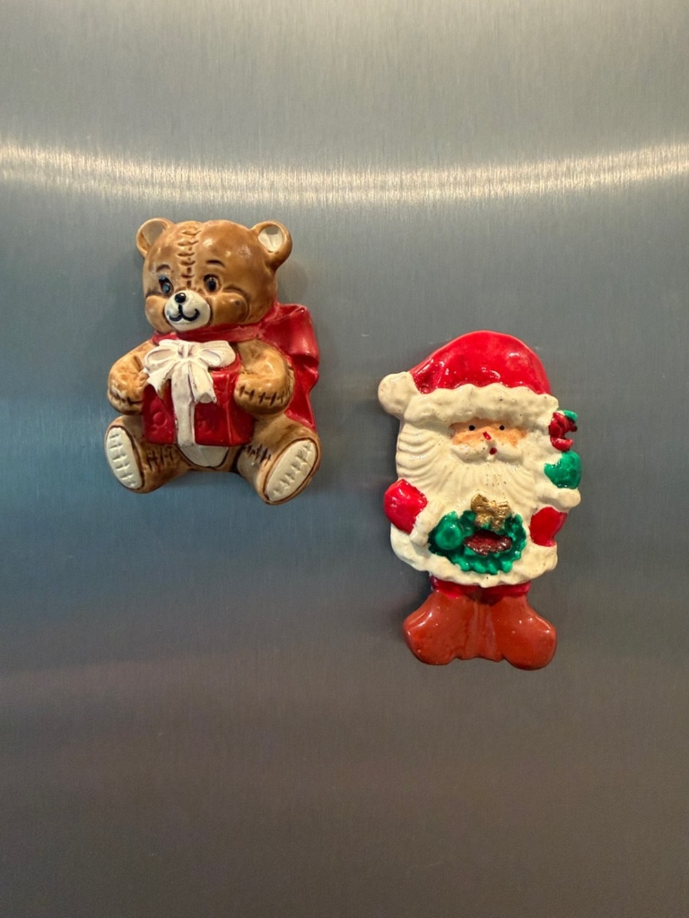 Cute Vintage Teddy Bear and Santa Mini Christmas Magnets (Set of 2)